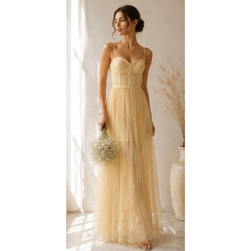 NWT Ermanno Scervino Bustier Tulle Midi Dress Yellow Cream IT 40 US4